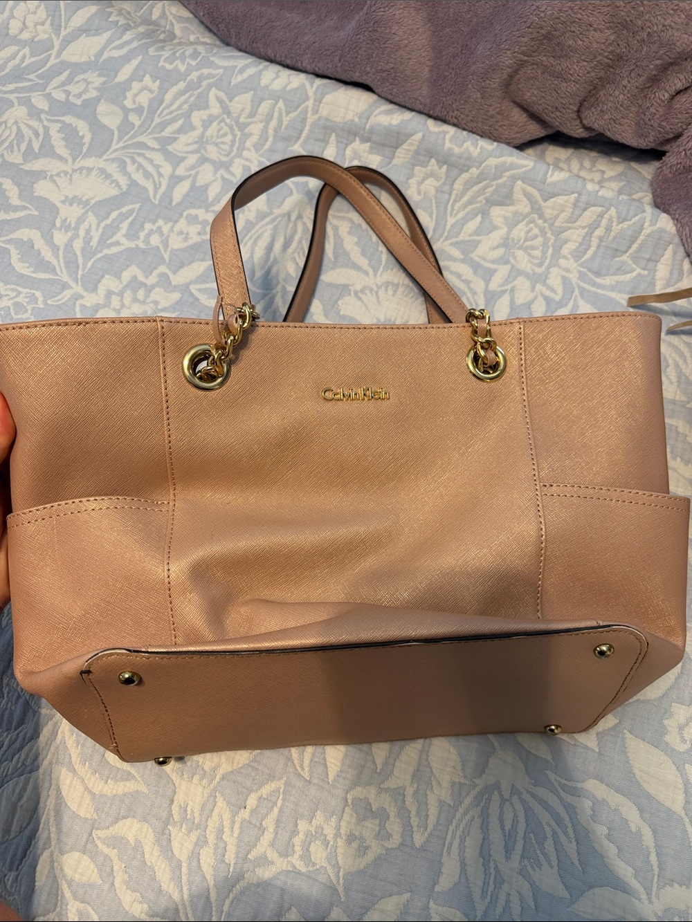 Calvin Klein Blush Pink Saffiano Tote with Gold Accents